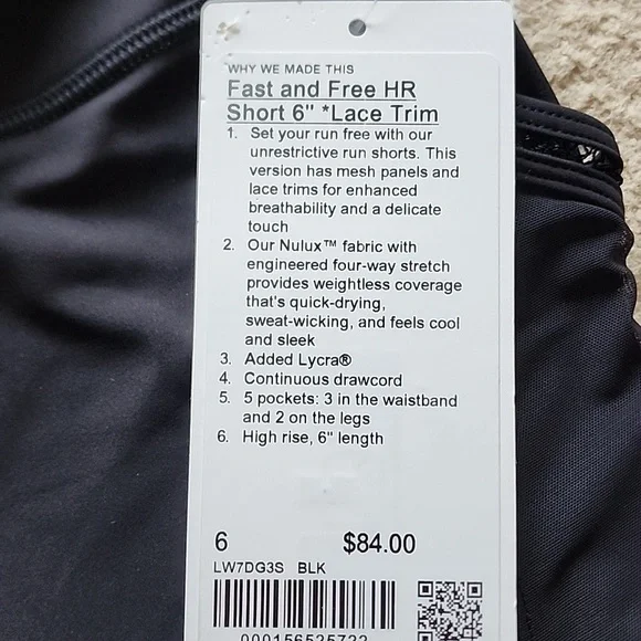 Lululemon Fast And Free HR Short 6" *Lace Trim In Black NWT - Picture 6 of 6